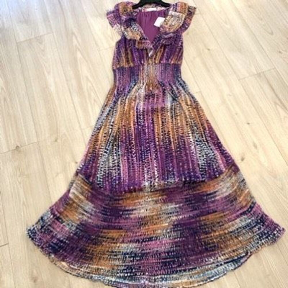 Ramy Brook Multicolor Patterned Maxi with v-neck ruffled sleeveless bodice Sz M,